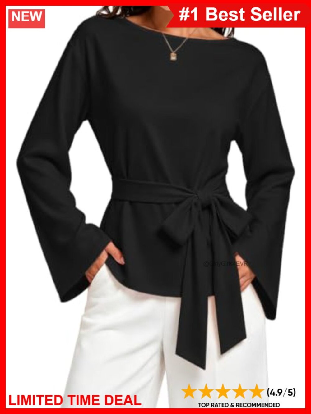 Wrap Top Long Trumpet Sleeve Boat Neck Belted Blouse